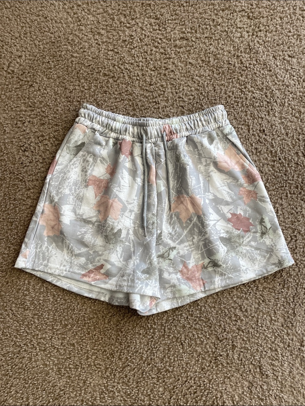 Amazon Women's Athletic Knit Shorts - Light Gray with Blush Leaf Print
